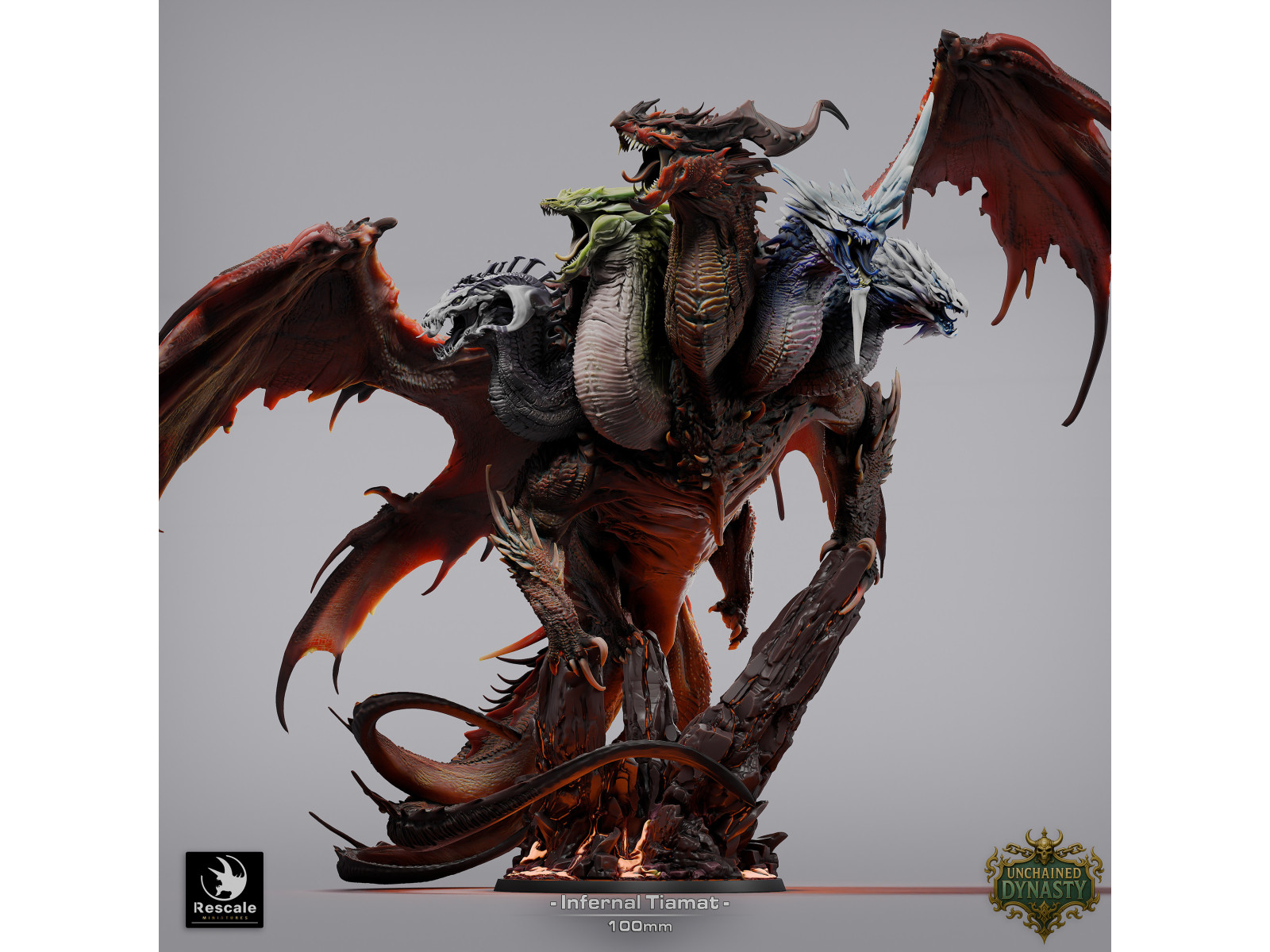 Tiamat Infernal, el dragón de cinco cabezas - Miniatura con peana de 100mm
