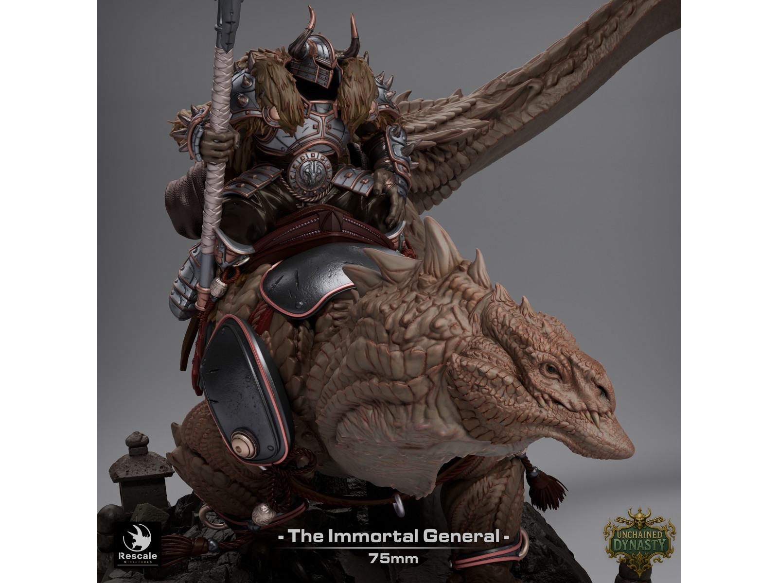 General sobre montura de lagarto de los Unchained Inmortals - Miniatura con peana escénica de 75mm